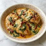 Crockpot Tuscan Chicken with creamy spinach sauce and sun dried tomatoes.