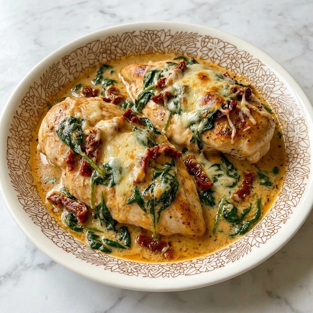 Crockpot Tuscan Chicken with creamy spinach sauce and sun dried tomatoes.