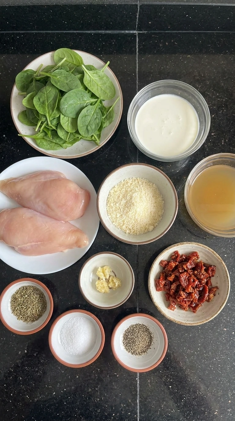 Ingredients for Crockpot Tuscan Chicken arranged in separate small containers.