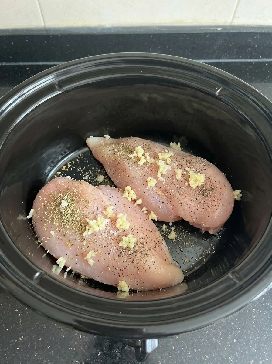 Raw chicken breasts seasoned in the crockpot.