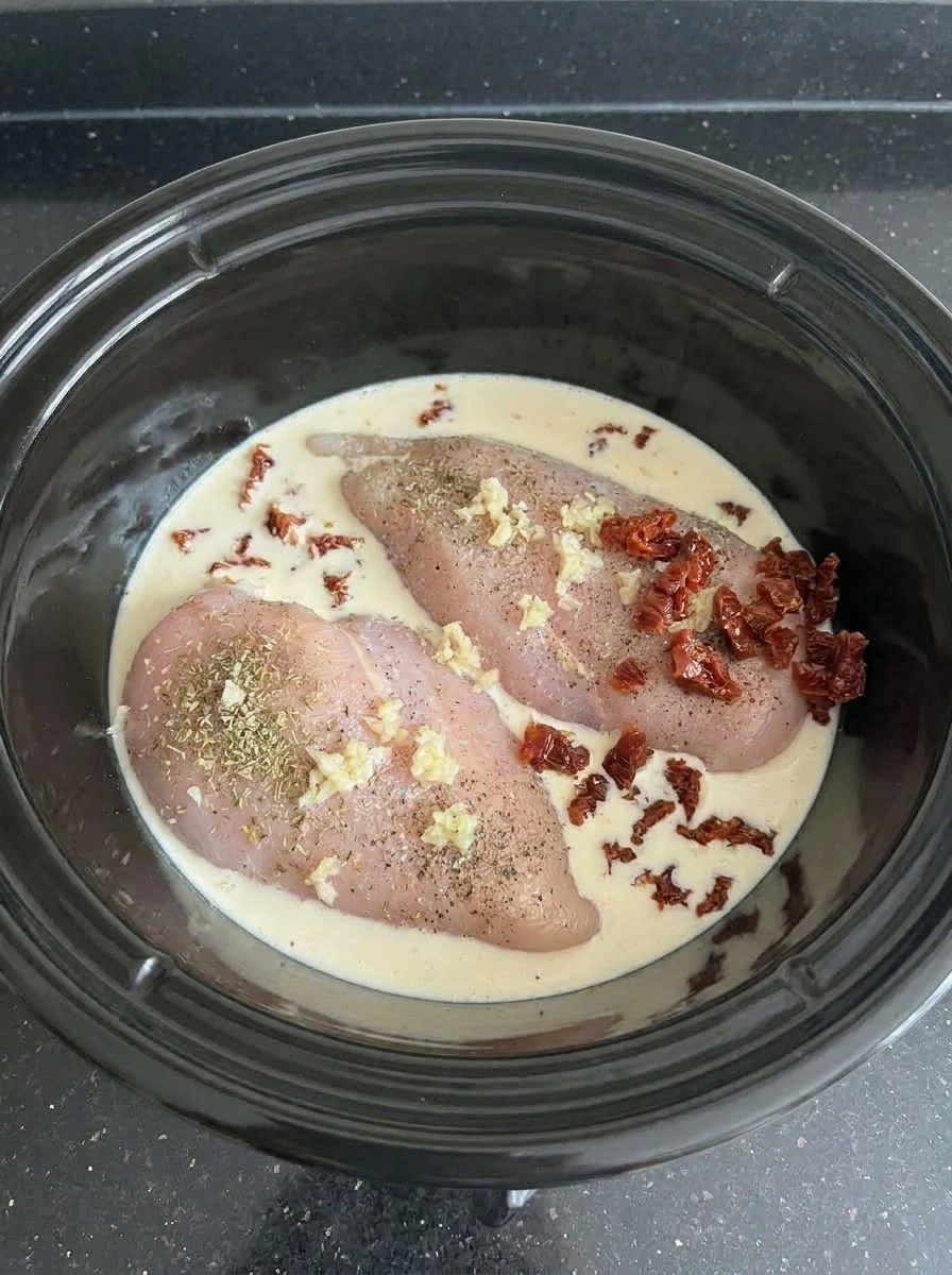 Cream sauce and sun dried tomatoes poured around chicken.