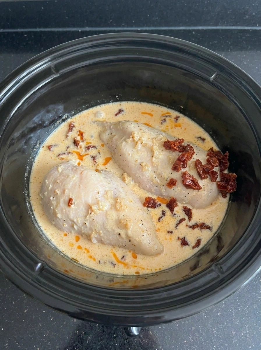 Cooked chicken breasts in thickened Tuscan cream sauce.
