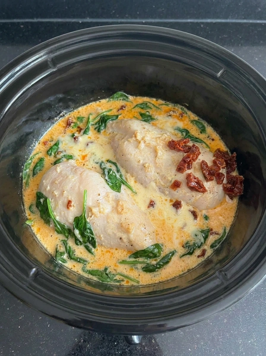 Spinach and parmesan folded into Crockpot Tuscan Chicken.