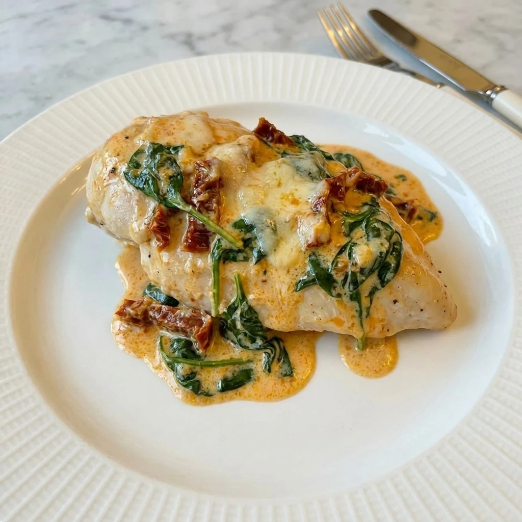 Served portion of Crockpot Tuscan Chicken on a white plate.