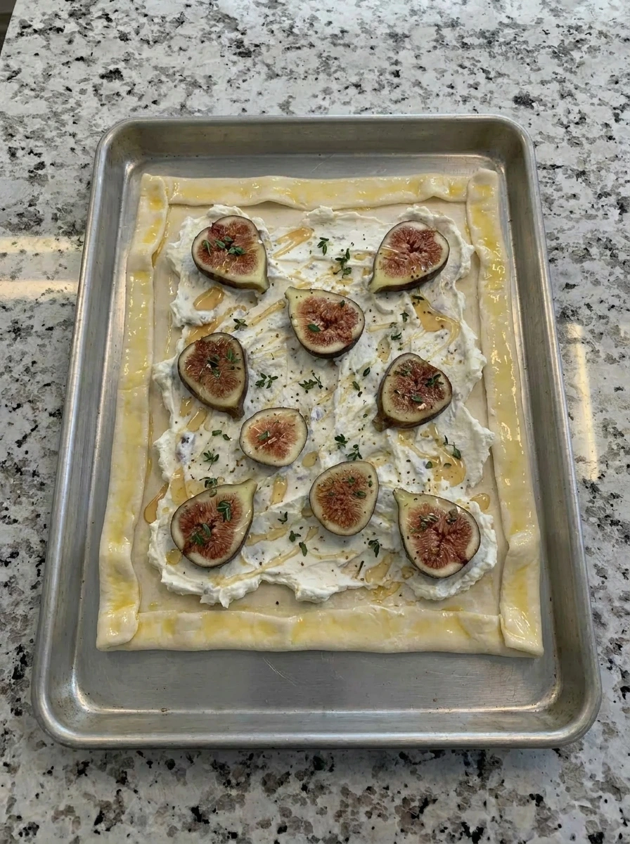Honey drizzled over Fig and Goat Cheese Tart