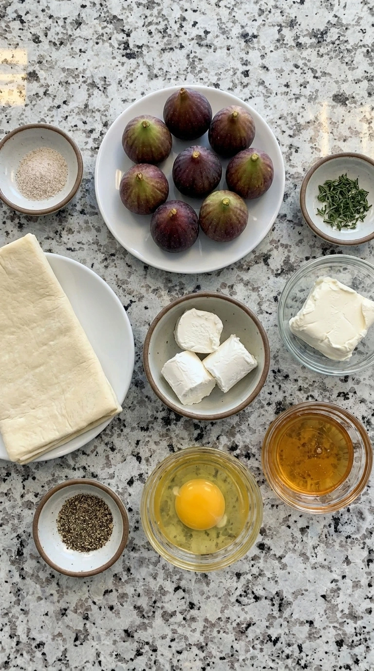 Ingredients for Fig and Goat Cheese Tart in separate containers