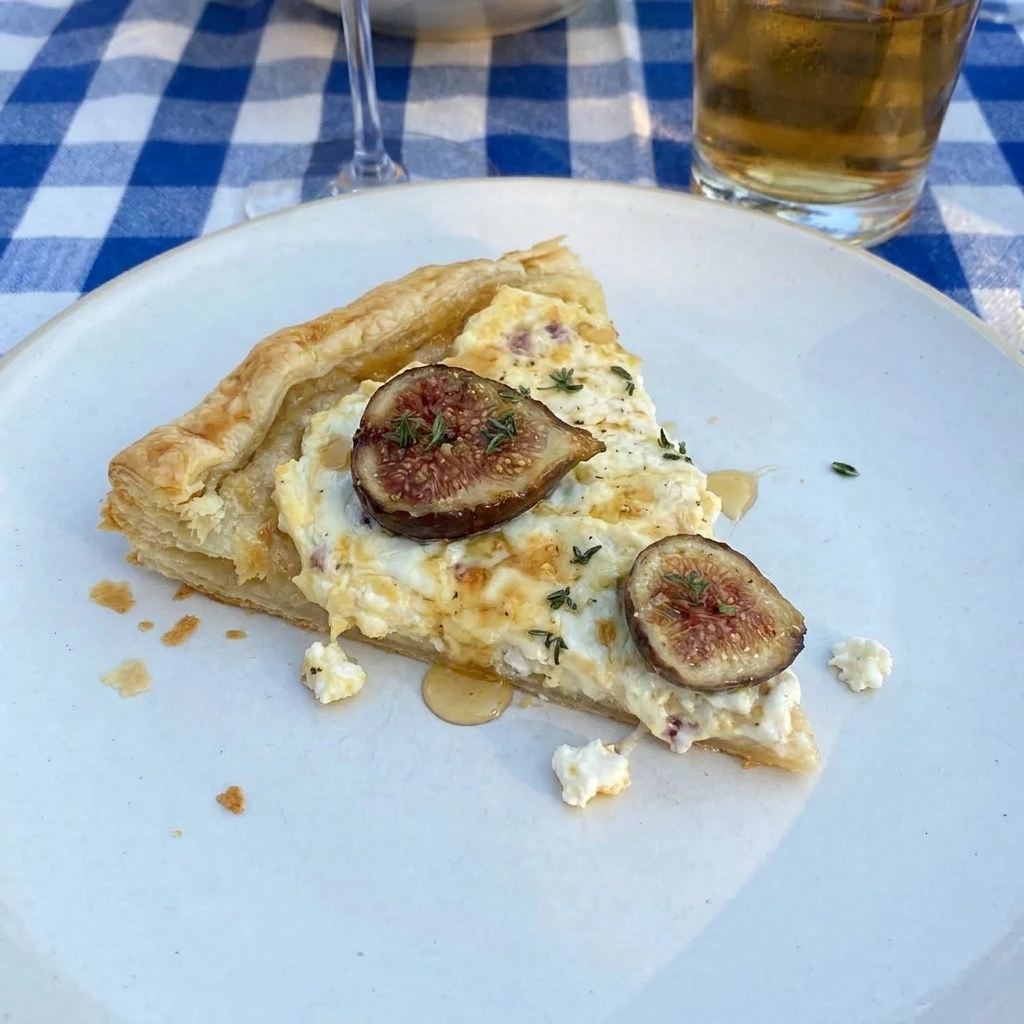 Slice of Fig and Goat Cheese Tart on a white plate