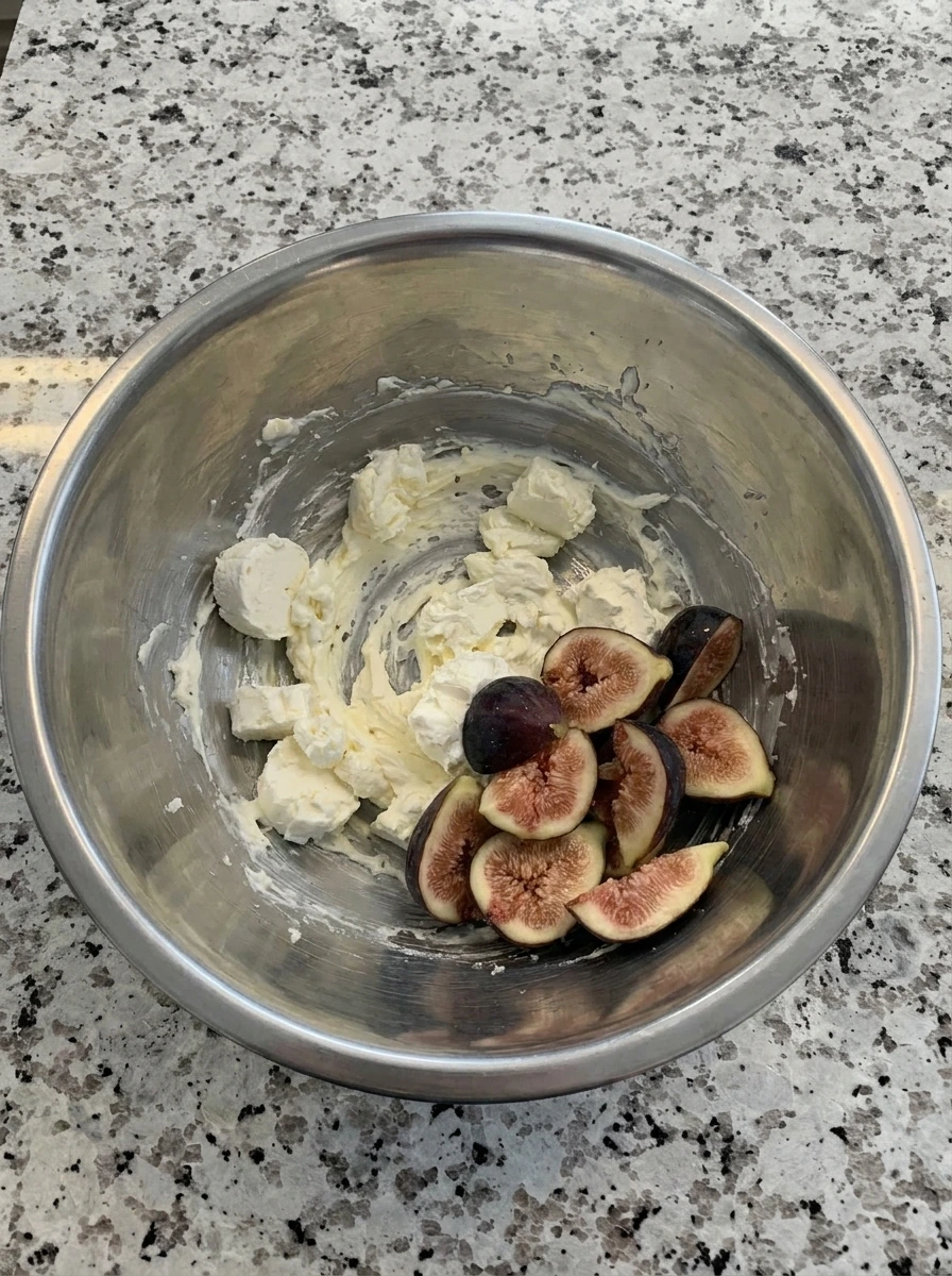 Sliced figs and softened cheese for Fig and Goat Cheese Tart