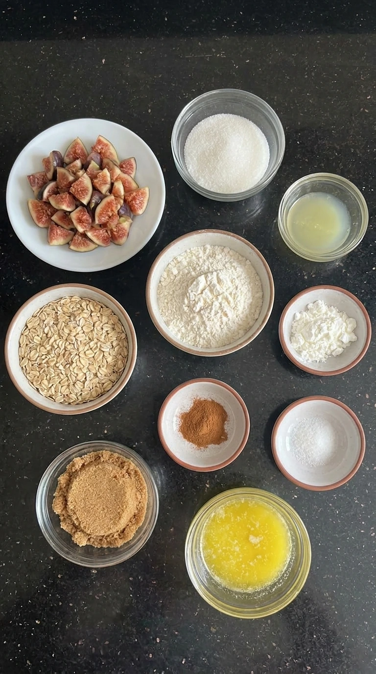 Ingredients for Fig Crumble Bars in separate bowls