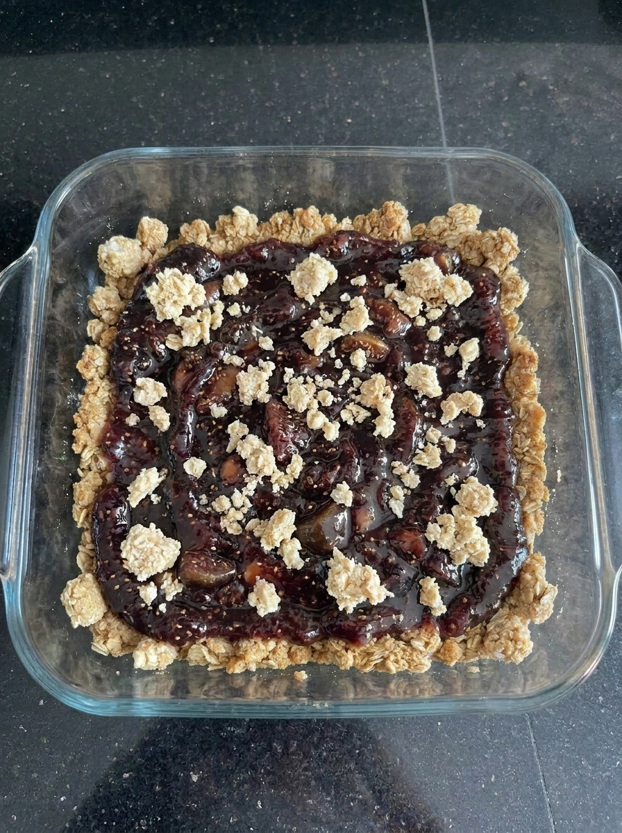 Crumble topping scattered over Fig Crumble Bars