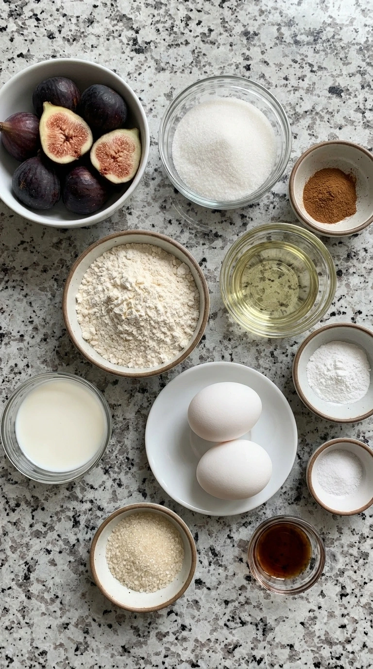 Ingredients for Fresh Fig Muffins in separate small containers