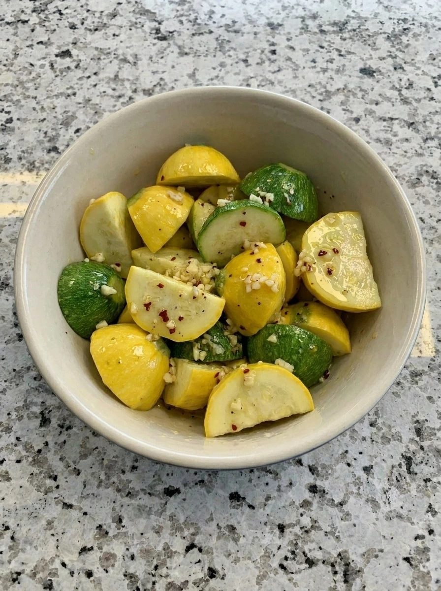 Patty pan squash coated with garlic butter before roasting