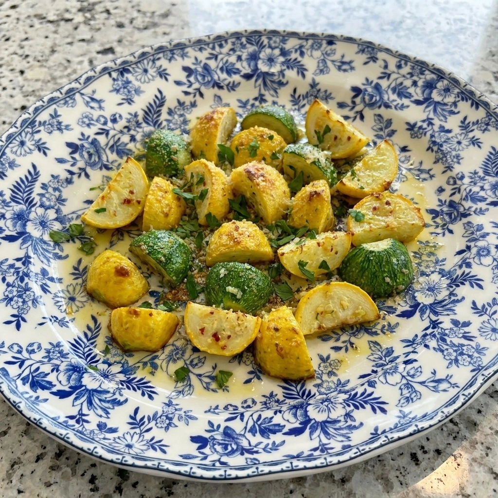 Finished Garlic Butter Roasted Patty Pan Squash on a plate