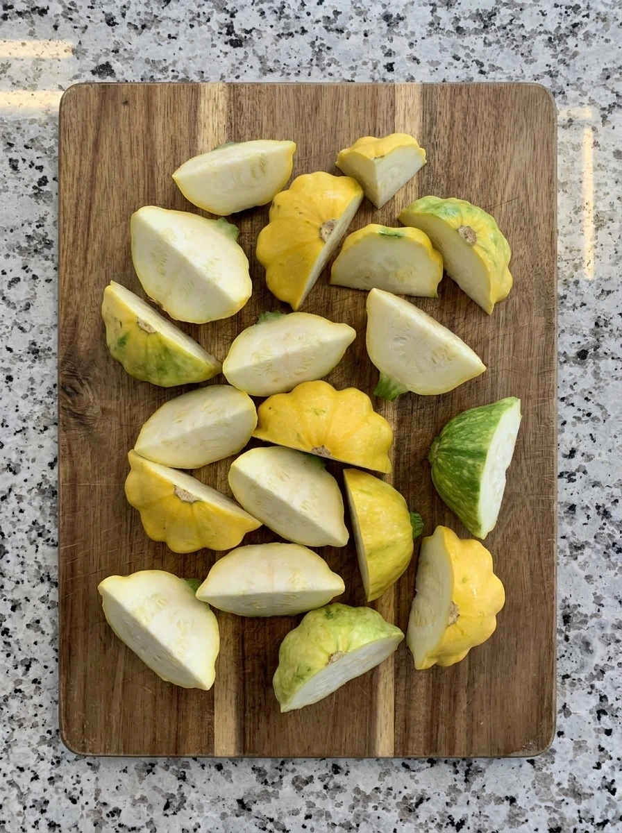 Halved patty pan squash pieces ready for garlic butter