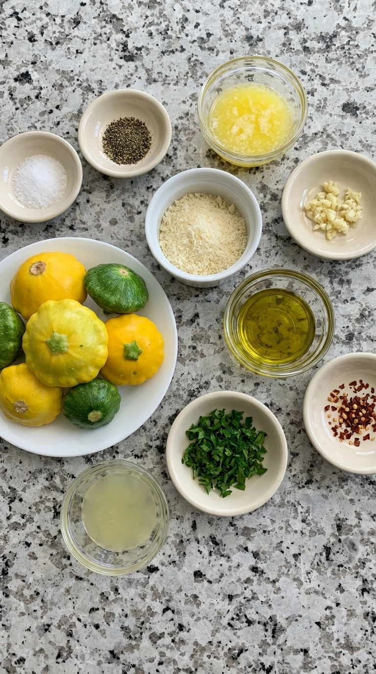 Ingredients for Garlic Butter Roasted Patty Pan Squash in small containers