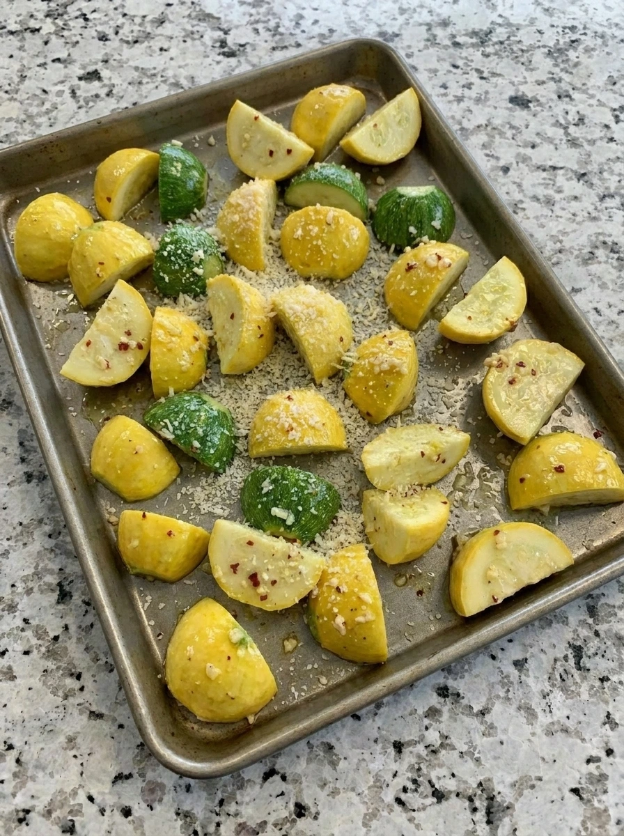 Garlic butter patty pan squash spread on a sheet pan