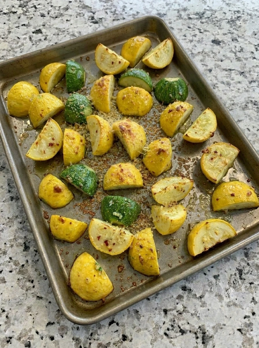 Roasted Garlic Butter Patty Pan Squash with browned edges