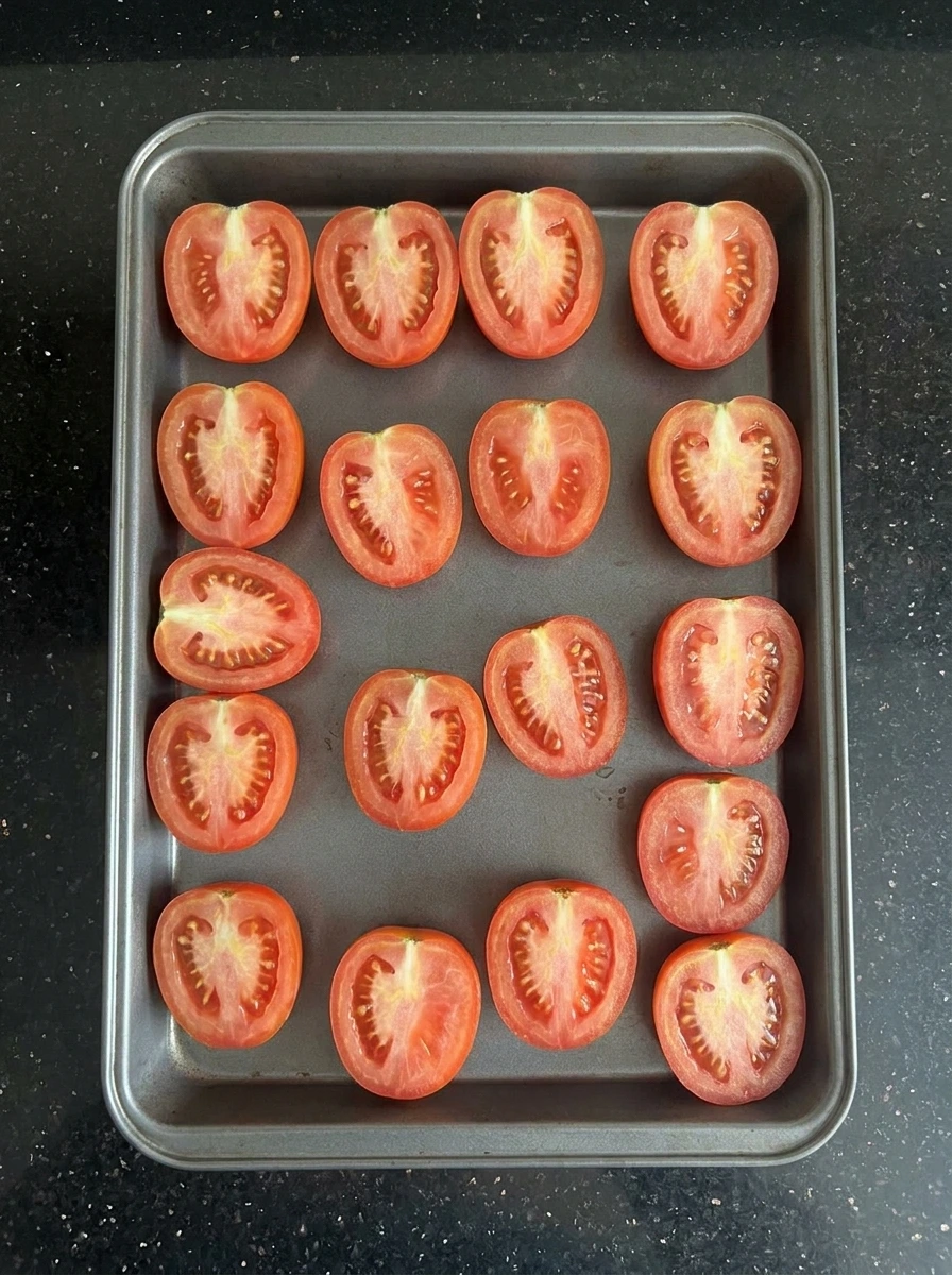 Halved tomatoes on a sheet pan for Garlic Parmesan Roasted Tomatoes