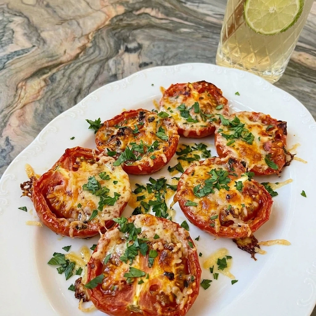 Garlic Parmesan Roasted Tomatoes with melted parmesan and parsley