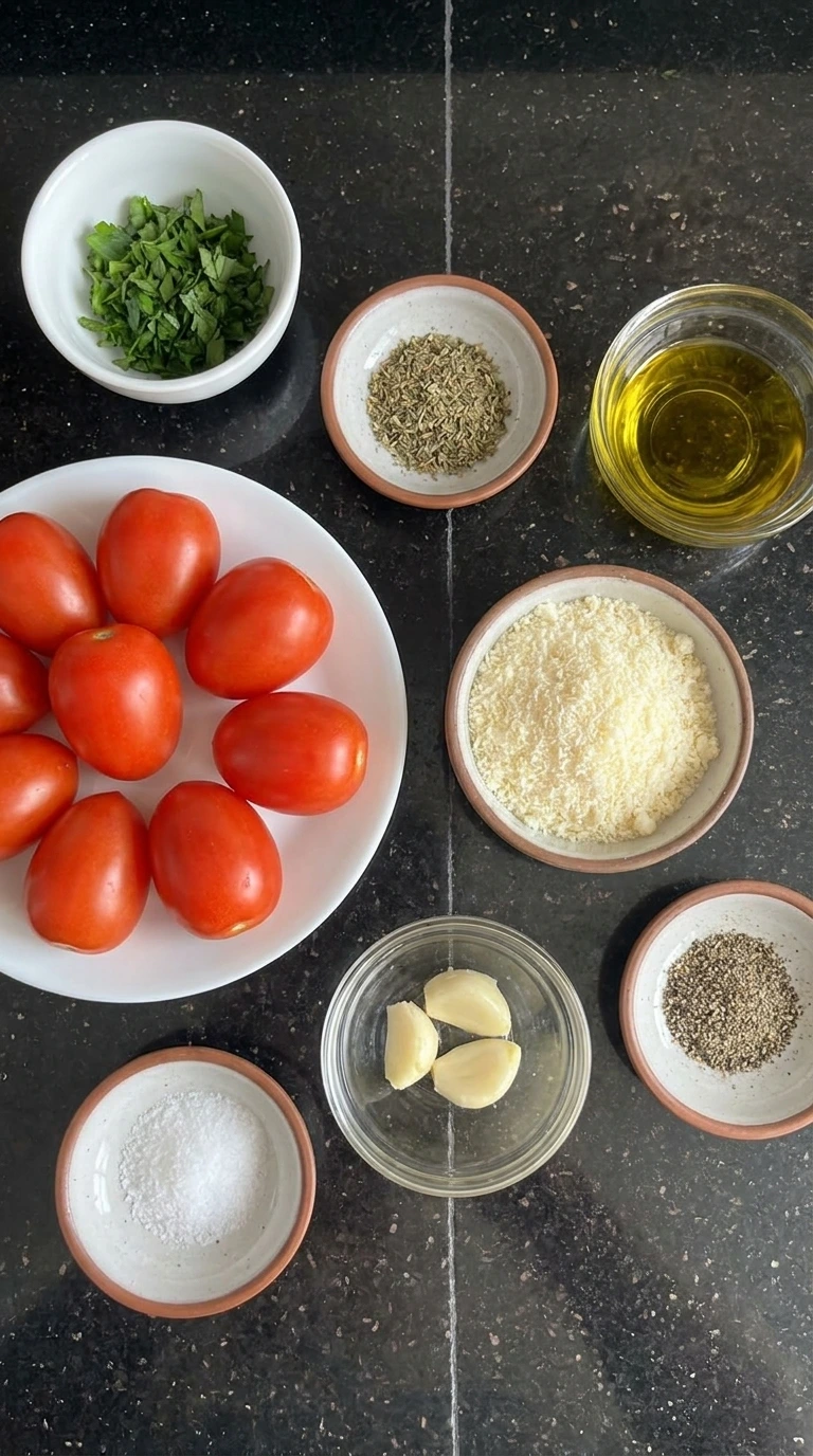 Ingredients for Garlic Parmesan Roasted Tomatoes in separate bowls