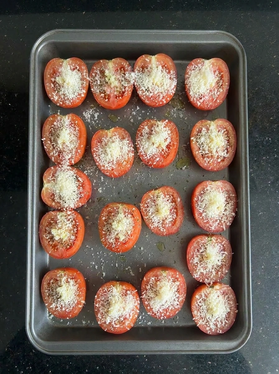 Tomato halves topped with parmesan before roasting