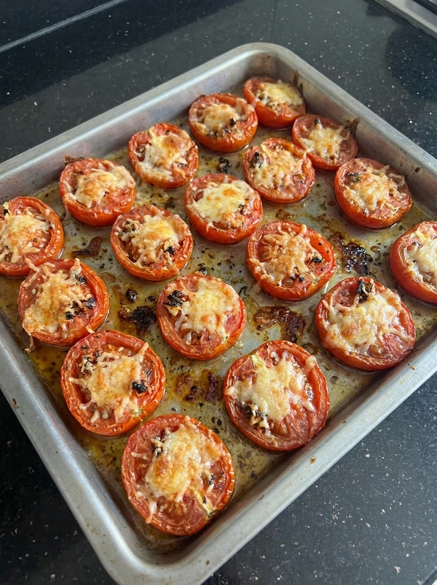 Roasted Garlic Parmesan Roasted Tomatoes on a sheet pan