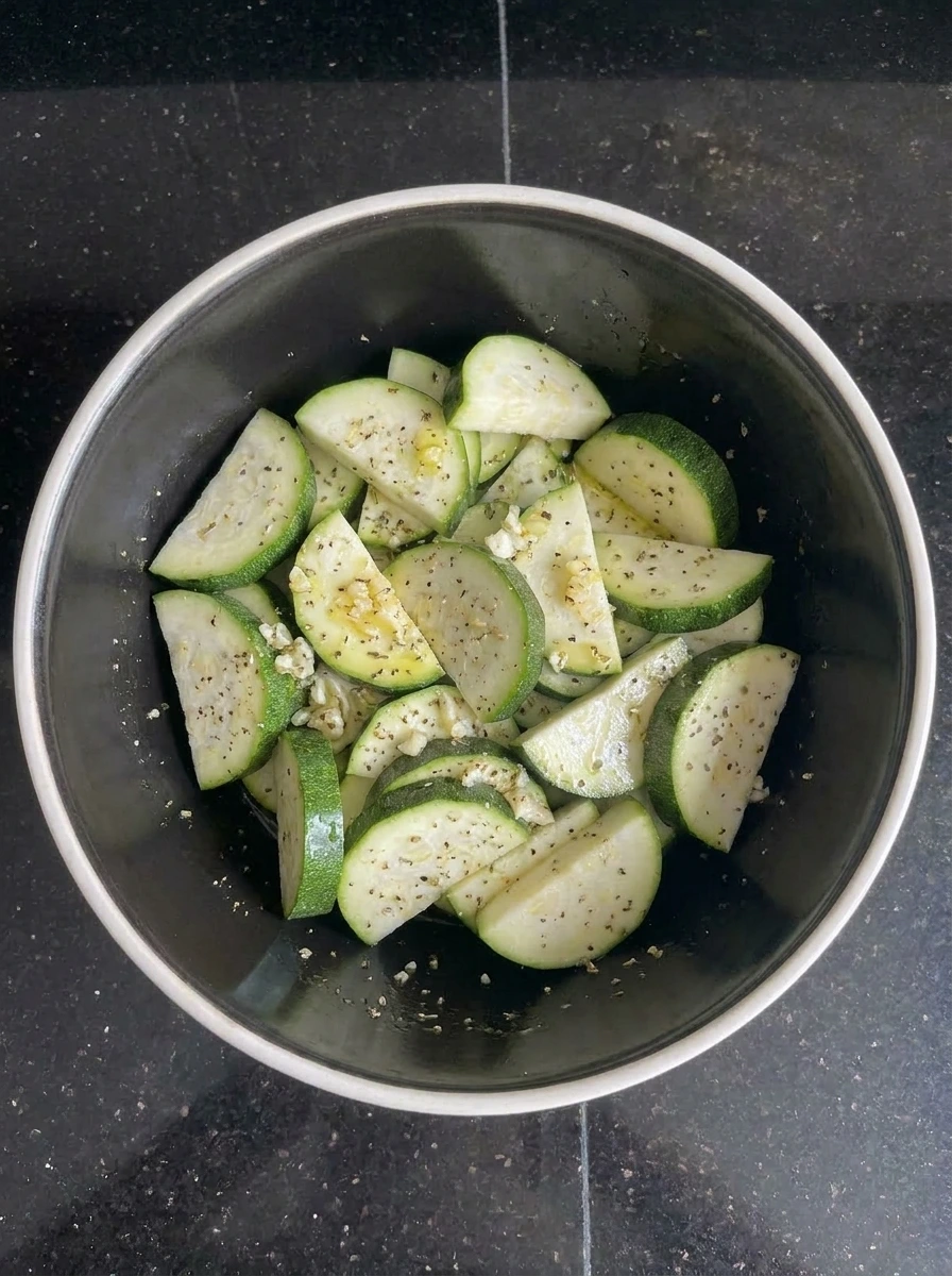 Zucchini coated with garlic oil seasoning in a bowl.