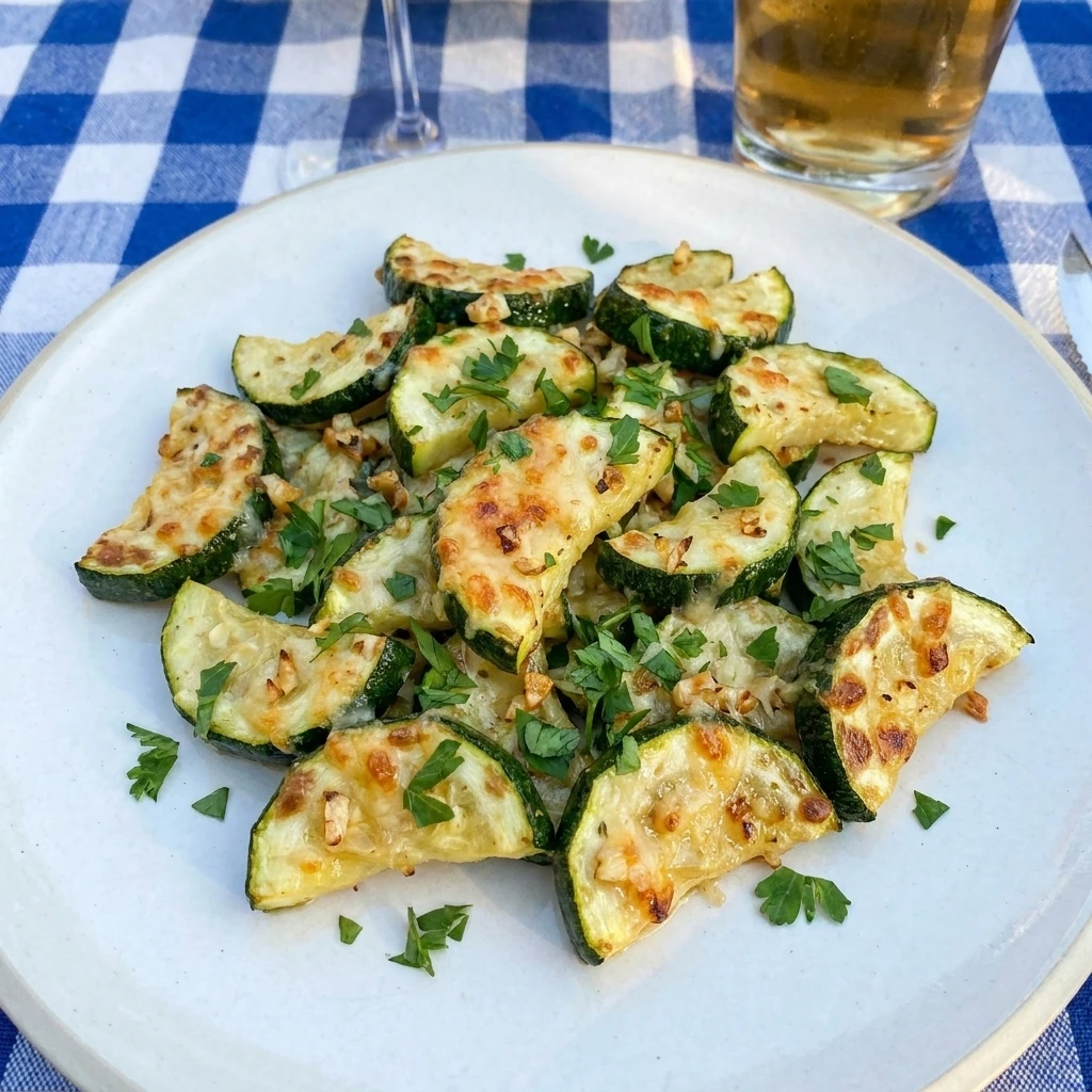 Garlic Parmesan Roasted Zucchini served on a white plate with golden cheese edges.