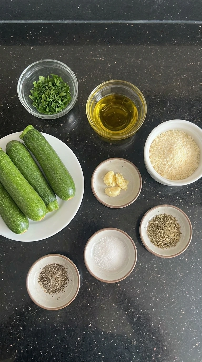 Ingredients for Garlic Parmesan Roasted Zucchini in separate small containers.