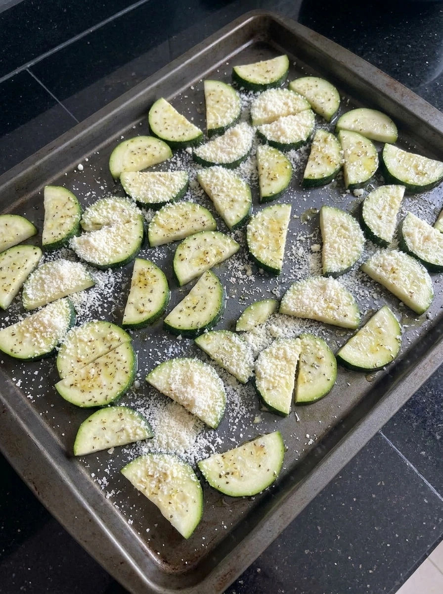 Zucchini spread on a tray with parmesan scattered on top.
