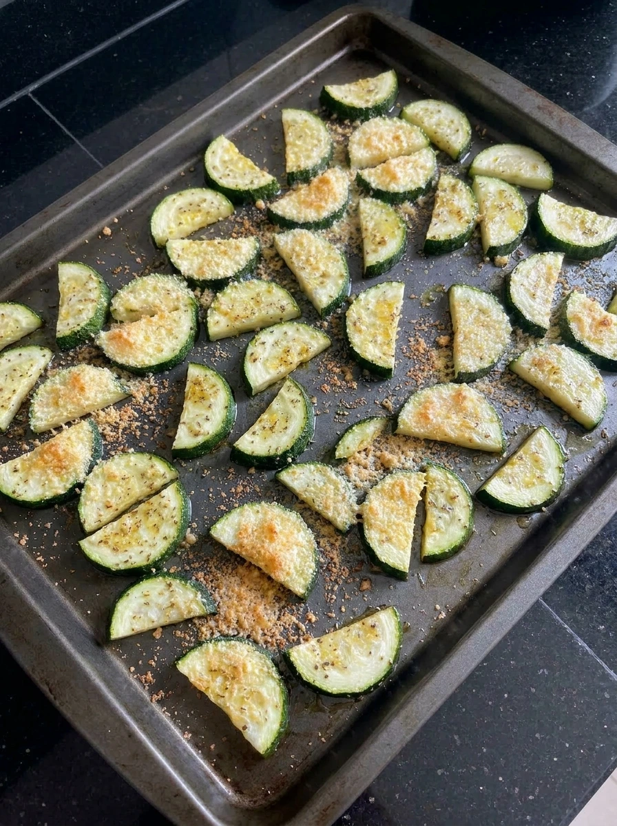 Roasted zucchini with melted parmesan and golden edges on a tray.