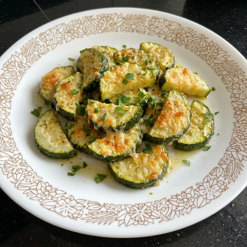 Single serving of Garlic Parmesan Roasted Zucchini with parsley.