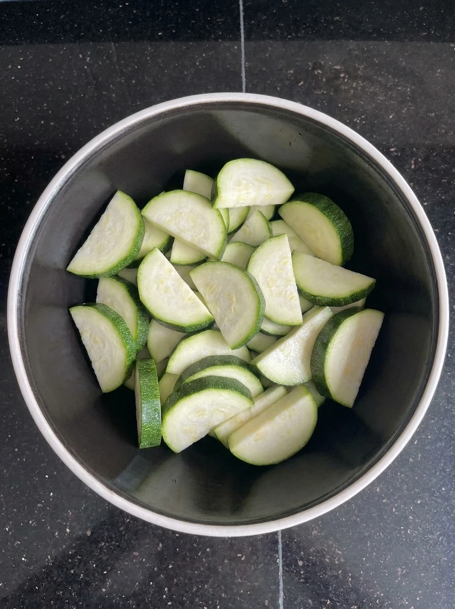 Four zucchini sliced into uneven half moons for Garlic Parmesan Roasted Zucchini.