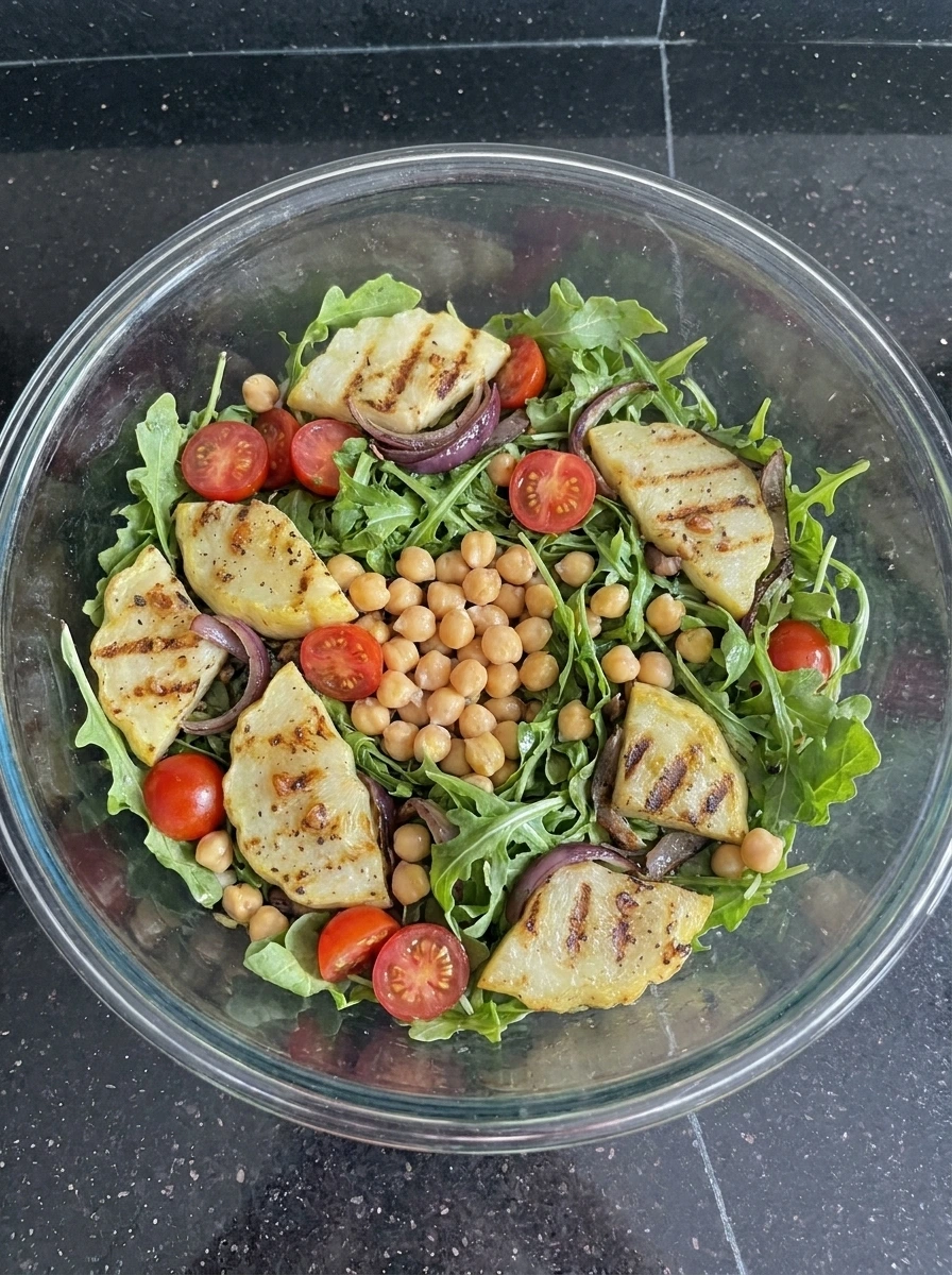 Warm grilled patty pan squash folded into arugula chickpeas and tomatoes.