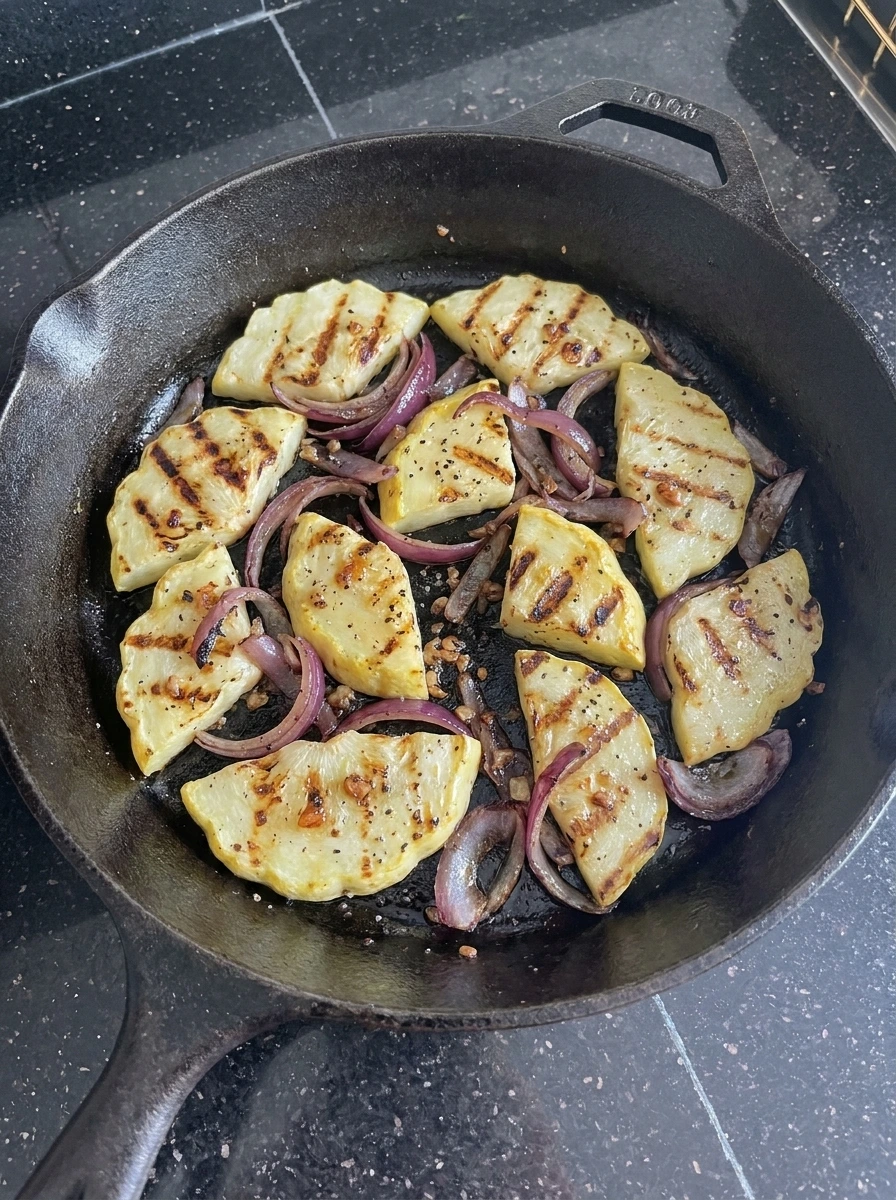 Patty pan squash grilling with browned edges for salad.