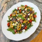 Grilled Patty Pan Squash Salad with chickpeas tomatoes feta herbs and lemon dressing.