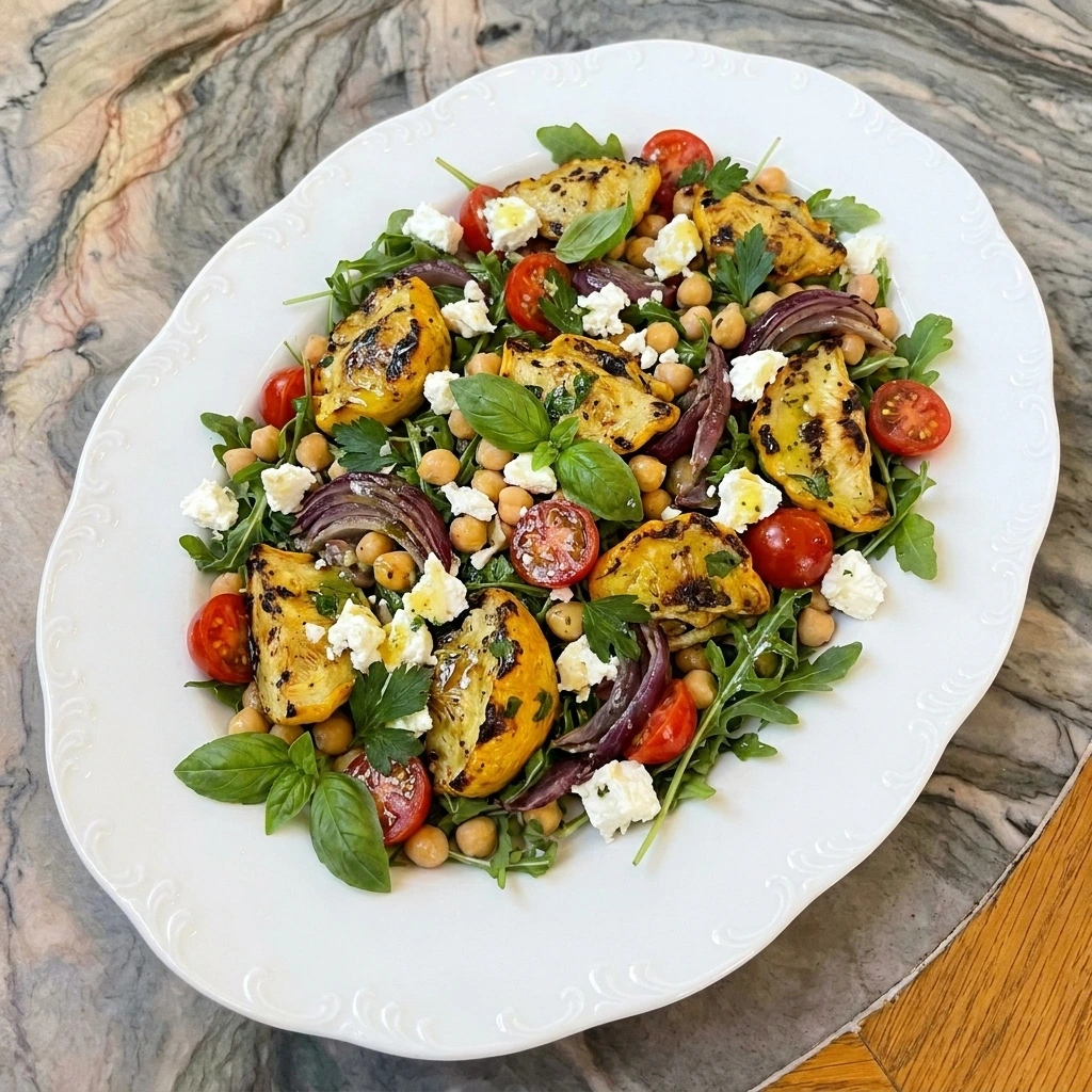 Grilled Patty Pan Squash Salad with chickpeas tomatoes feta herbs and lemon dressing.