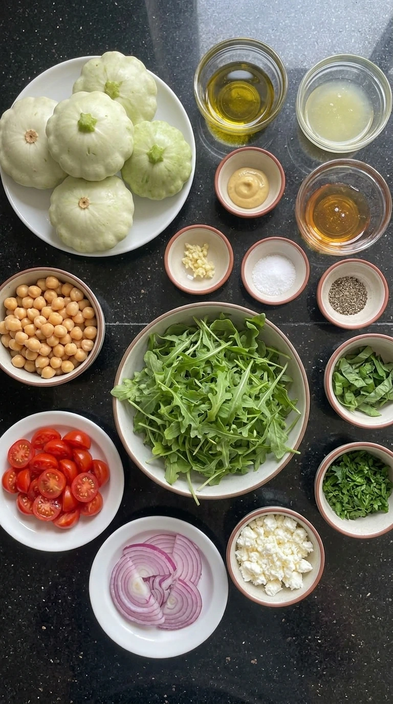 Ingredients for Grilled Patty Pan Squash Salad in separate small containers.