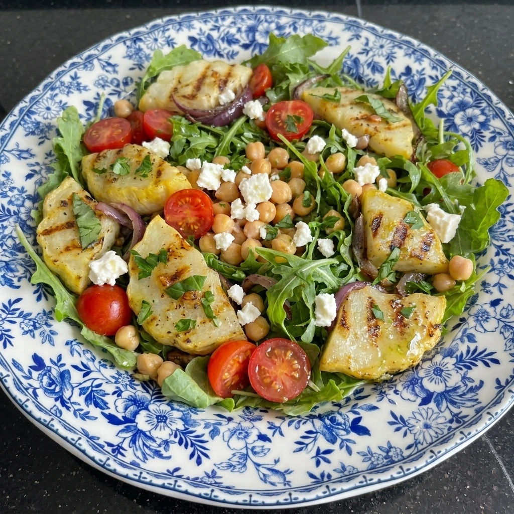 Single serving of Grilled Patty Pan Squash Salad with feta and herbs.