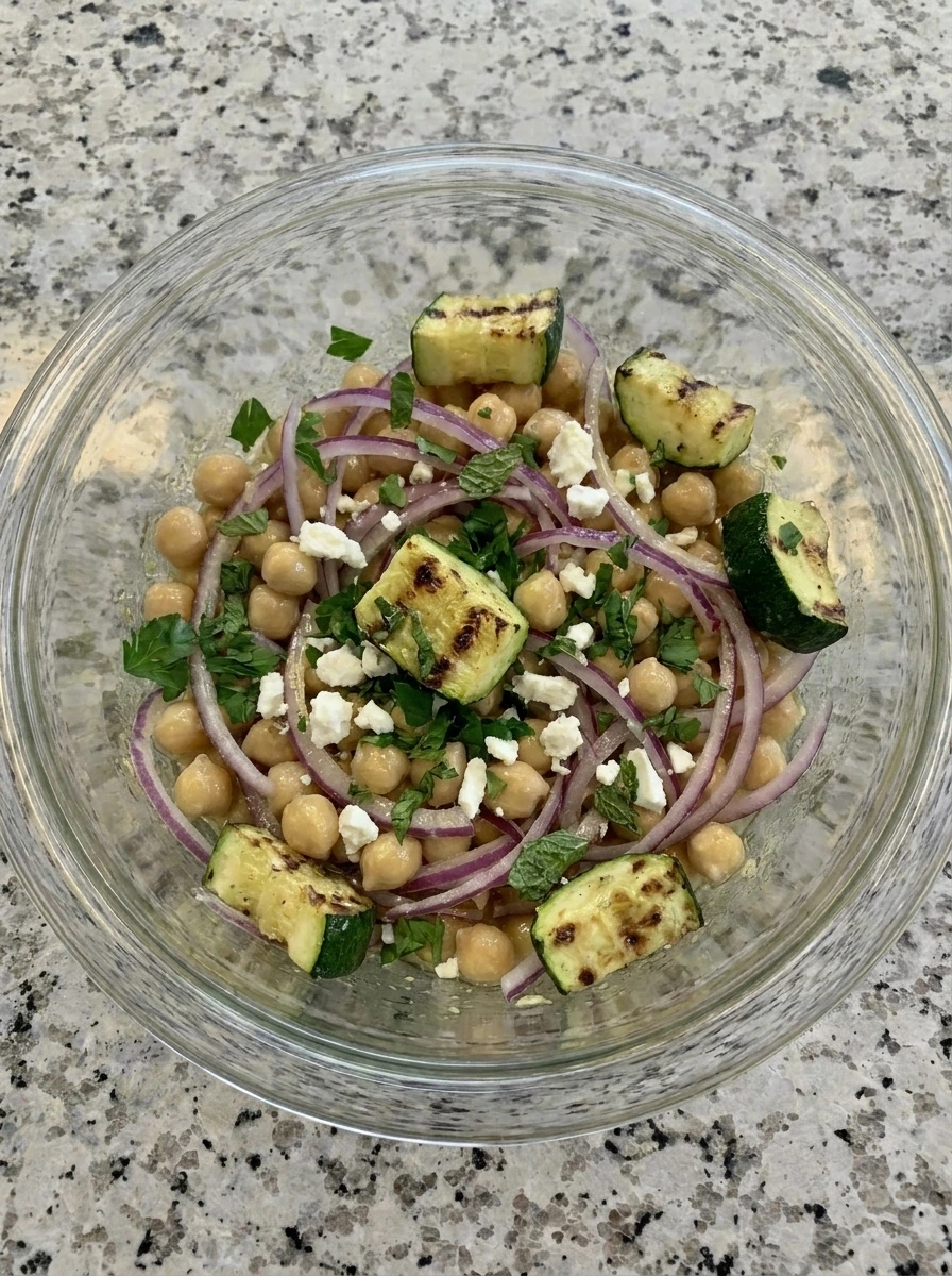 Grilled zucchini chickpeas feta and herbs mixed into salad