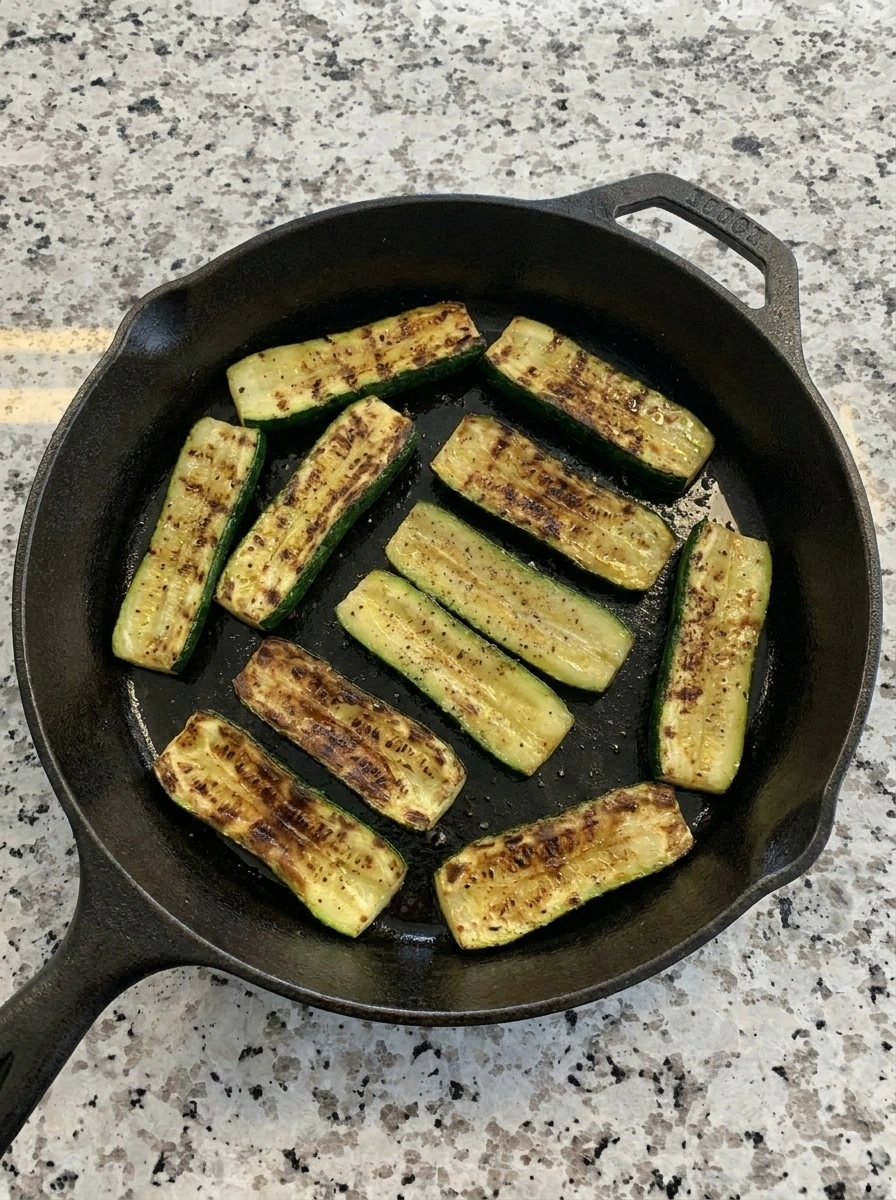 Charred grilled zucchini strips for Grilled Zucchini Chickpea Salad