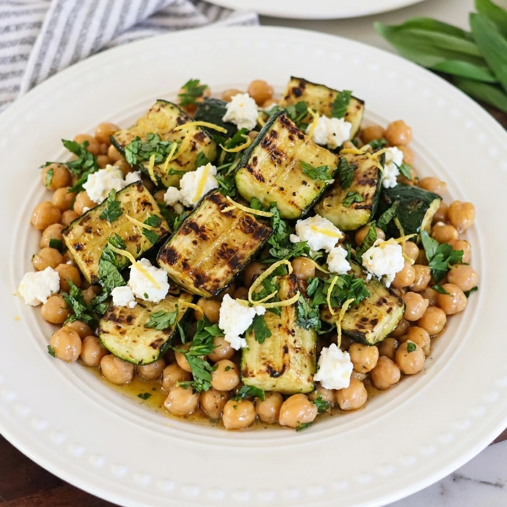 Grilled Zucchini Chickpea Salad with chickpeas feta herbs and lemon dressing