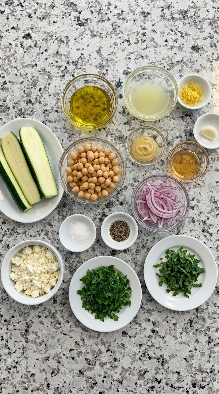 Ingredients for Grilled Zucchini Chickpea Salad arranged in separate containers