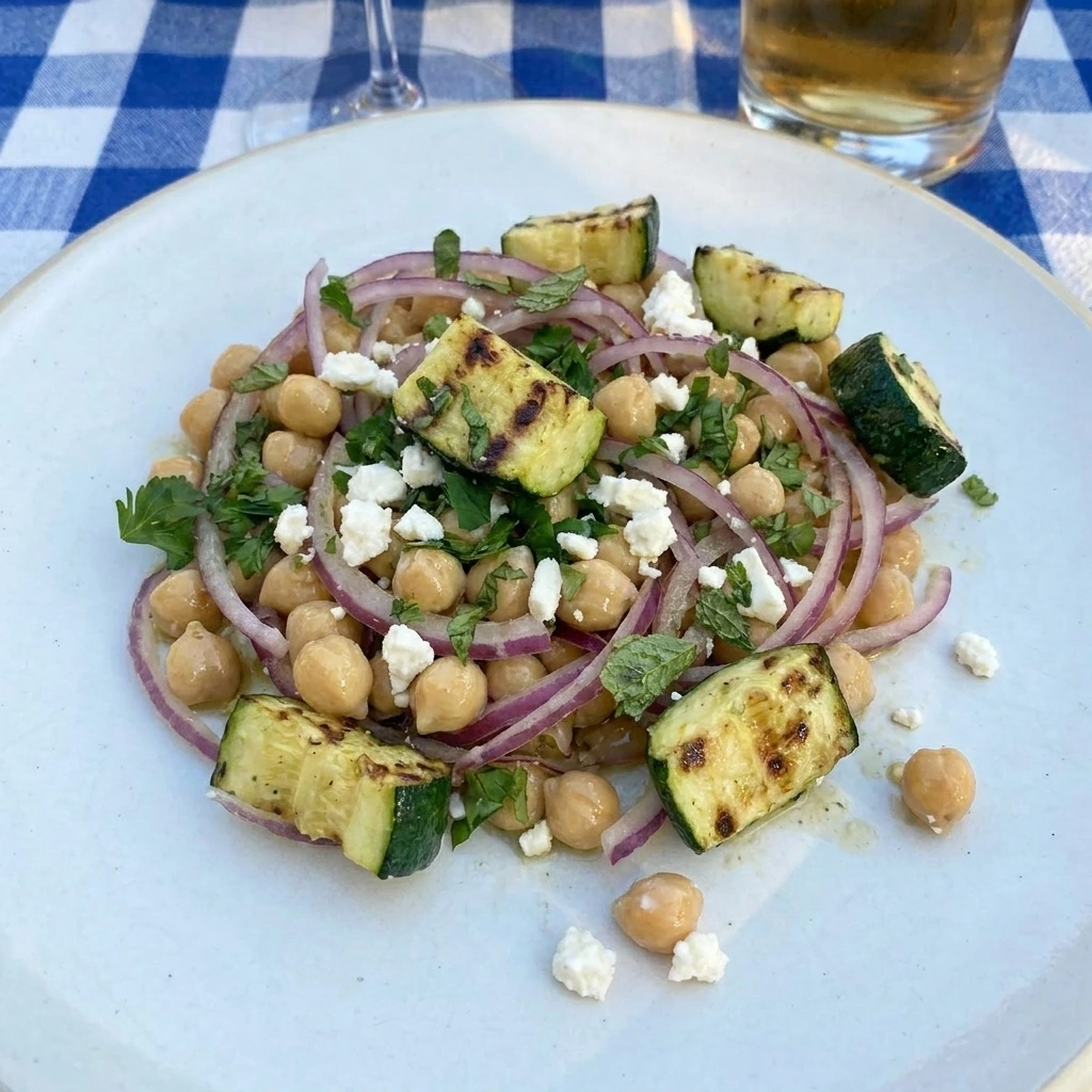 Single portion of Grilled Zucchini Chickpea Salad on a white plate