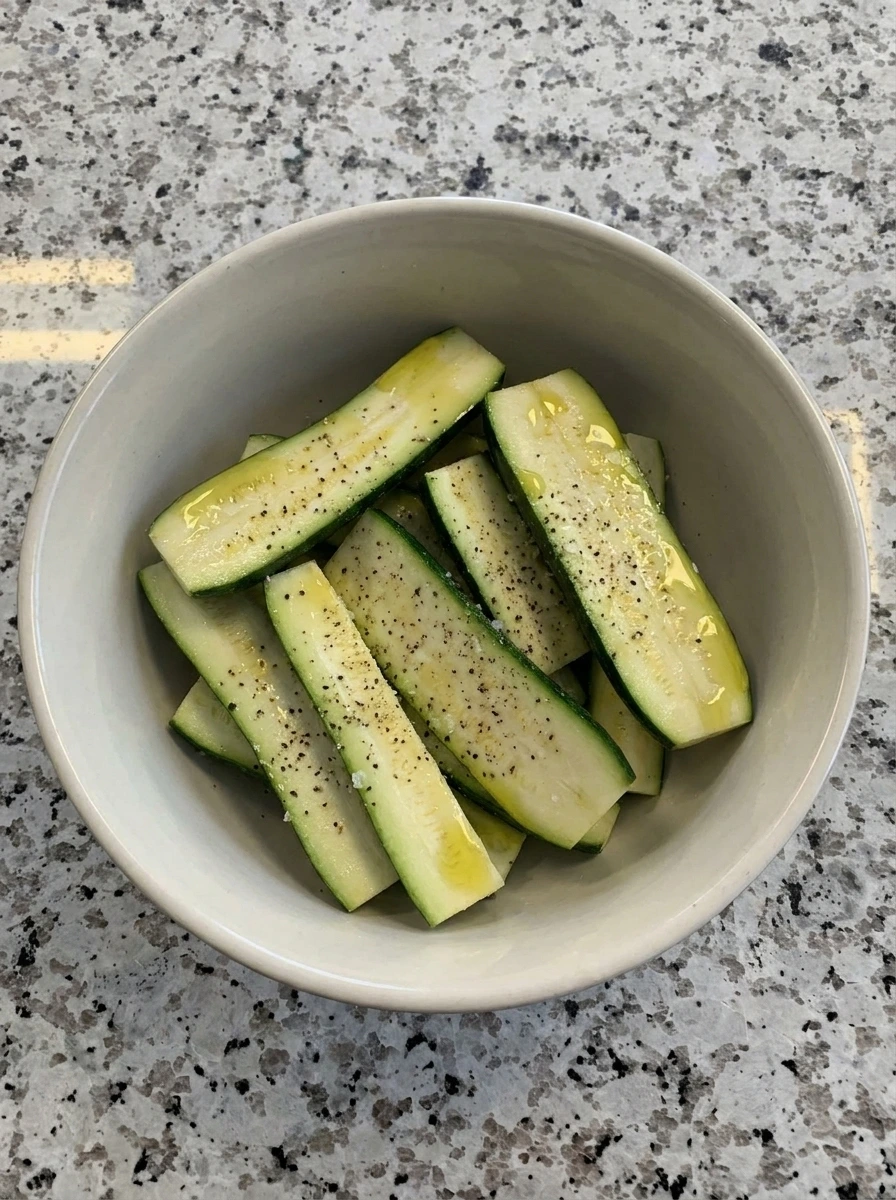 Zucchini strips seasoned for Grilled Zucchini Chickpea Salad