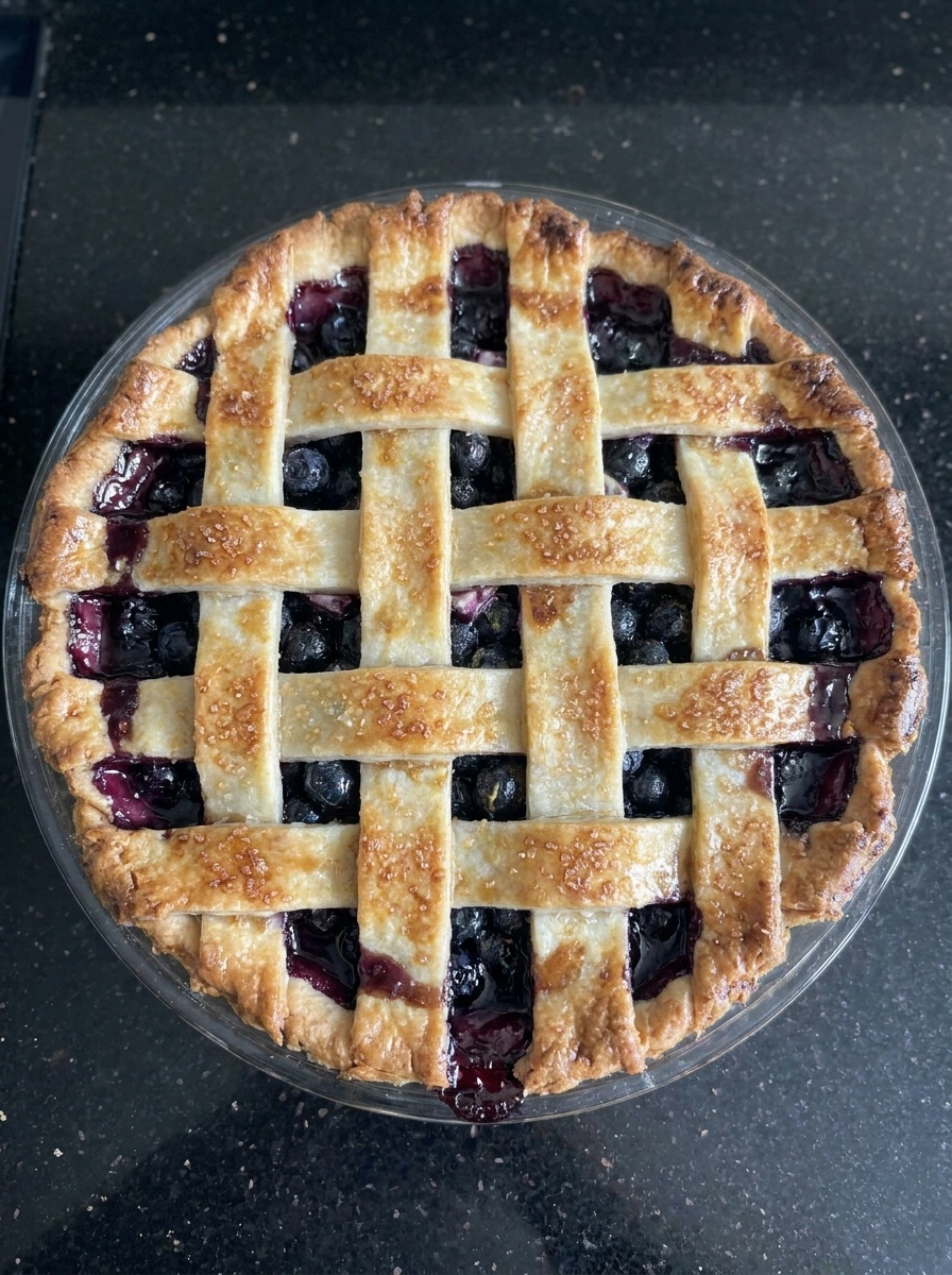 Baked Homemade Blueberry Pie bubbling in pie dish