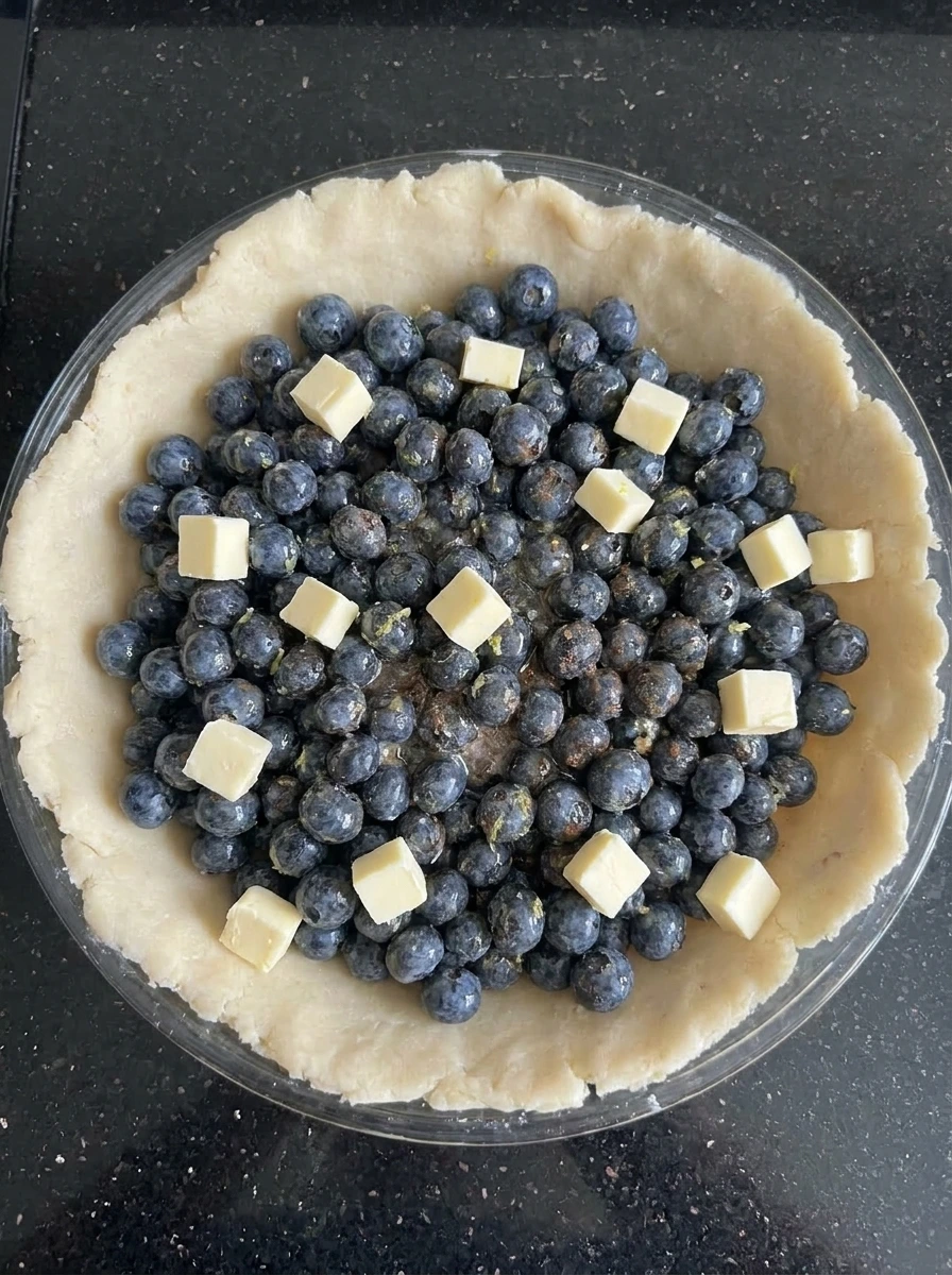 Blueberry filling added to bottom pie crust