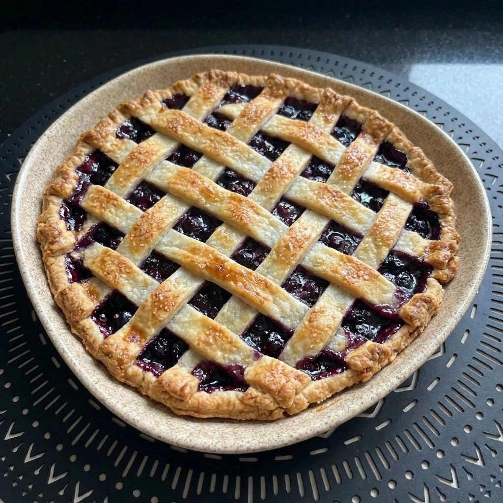 Homemade Blueberry Pie with golden lattice crust and bubbling blueberry filling