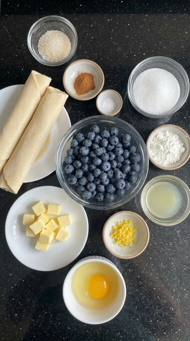 Ingredients for Homemade Blueberry Pie in separate small containers