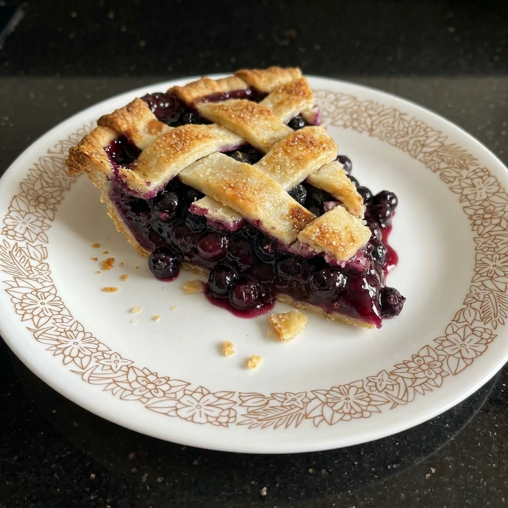 Slice of Homemade Blueberry Pie with juicy filling